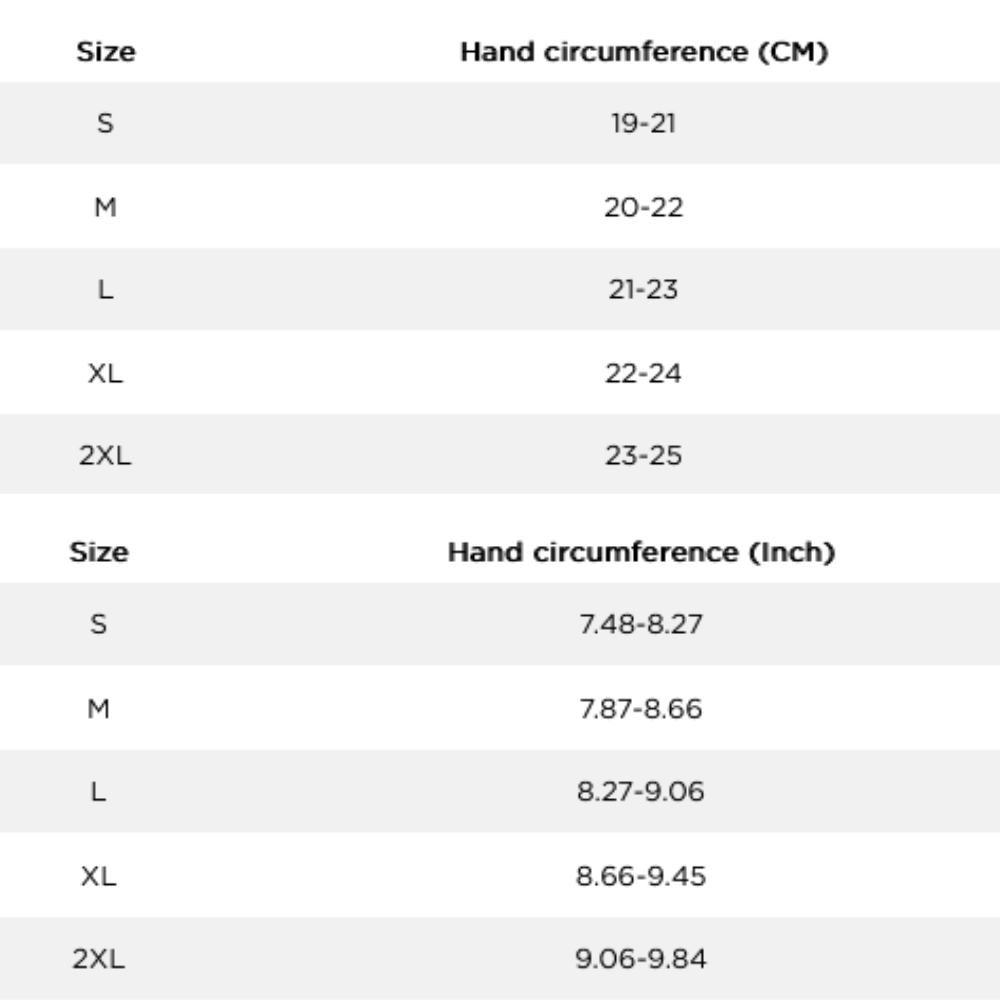 2024 Jobe Gloves 0 Størrelsesskema